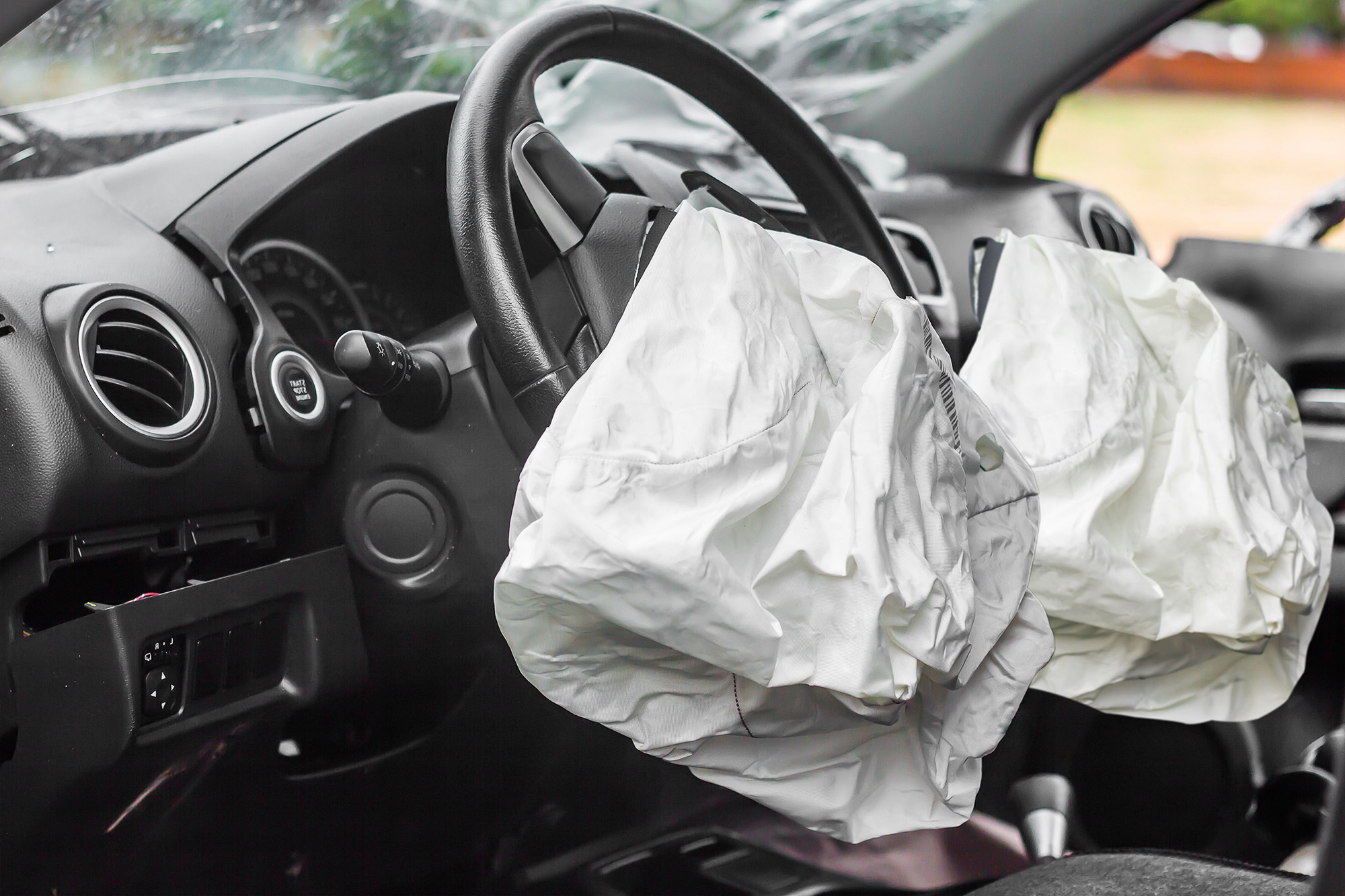 Close-up of deployed airbags.
