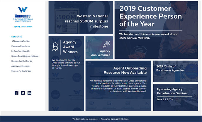Screenshot of the cover of Announce Spring 2019 newsletter.