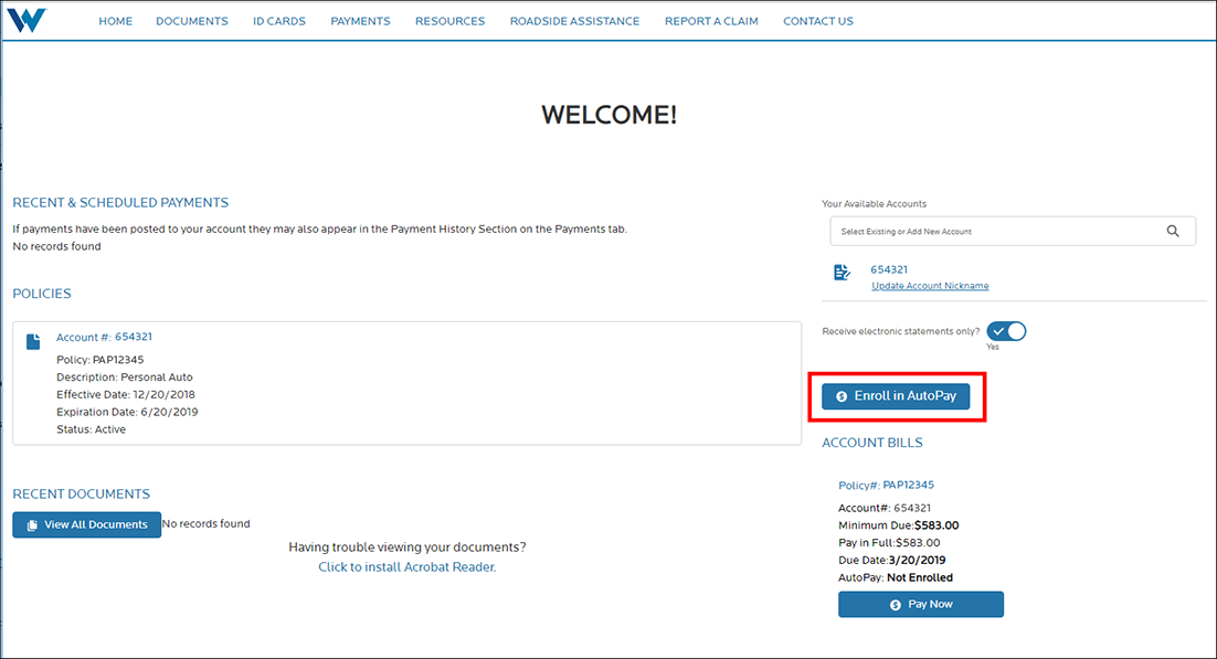 Screenshot of MyAccount homepage with the Enroll in AutoPay button highlighted.