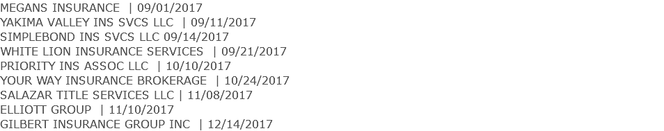 MEGANS INSURANCE | 09/01/2017 YAKIMA VALLEY INS SVCS LLC | 09/11/2017 SIMPLEBOND INS SVCS LLC 09/14/2017 WHITE LION INSURANCE SERVICES | 09/21/2017 PRIORITY INS ASSOC LLC | 10/10/2017 YOUR WAY INSURANCE BROKERAGE | 10/24/2017 SALAZAR TITLE SERVICES LLC | 11/08/2017 ELLIOTT GROUP | 11/10/2017 GILBERT INSURANCE GROUP INC | 12/14/2017 