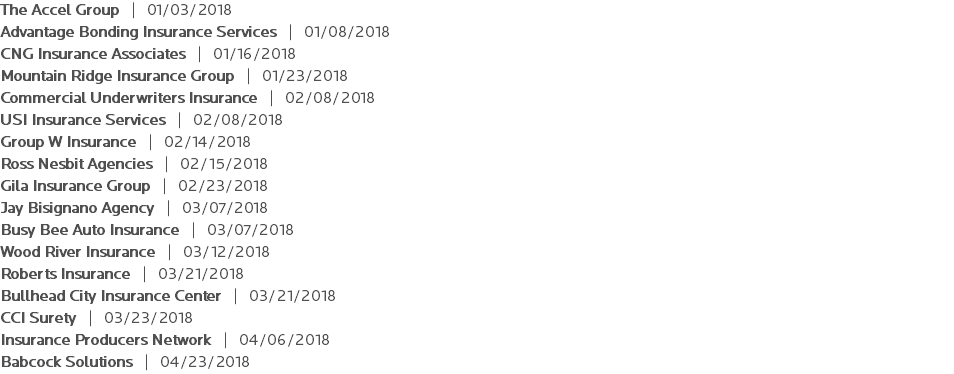 The Accel Group | 01/03/2018 Advantage Bonding Insurance Services | 01/08/2018 CNG Insurance Associates | 01/16/2018 Mountain Ridge Insurance Group | 01/23/2018 Commercial Underwriters Insurance | 02/08/2018 USI Insurance Services | 02/08/2018 Group W Insurance | 02/14/2018 Ross Nesbit Agencies | 02/15/2018 Gila Insurance Group | 02/23/2018 Jay Bisignano Agency | 03/07/2018 Busy Bee Auto Insurance | 03/07/2018 Wood River Insurance | 03/12/2018 Roberts Insurance | 03/21/2018 Bullhead City Insurance Center | 03/21/2018 CCI Surety | 03/23/2018 Insurance Producers Network | 04/06/2018 Babcock Solutions | 04/23/2018
